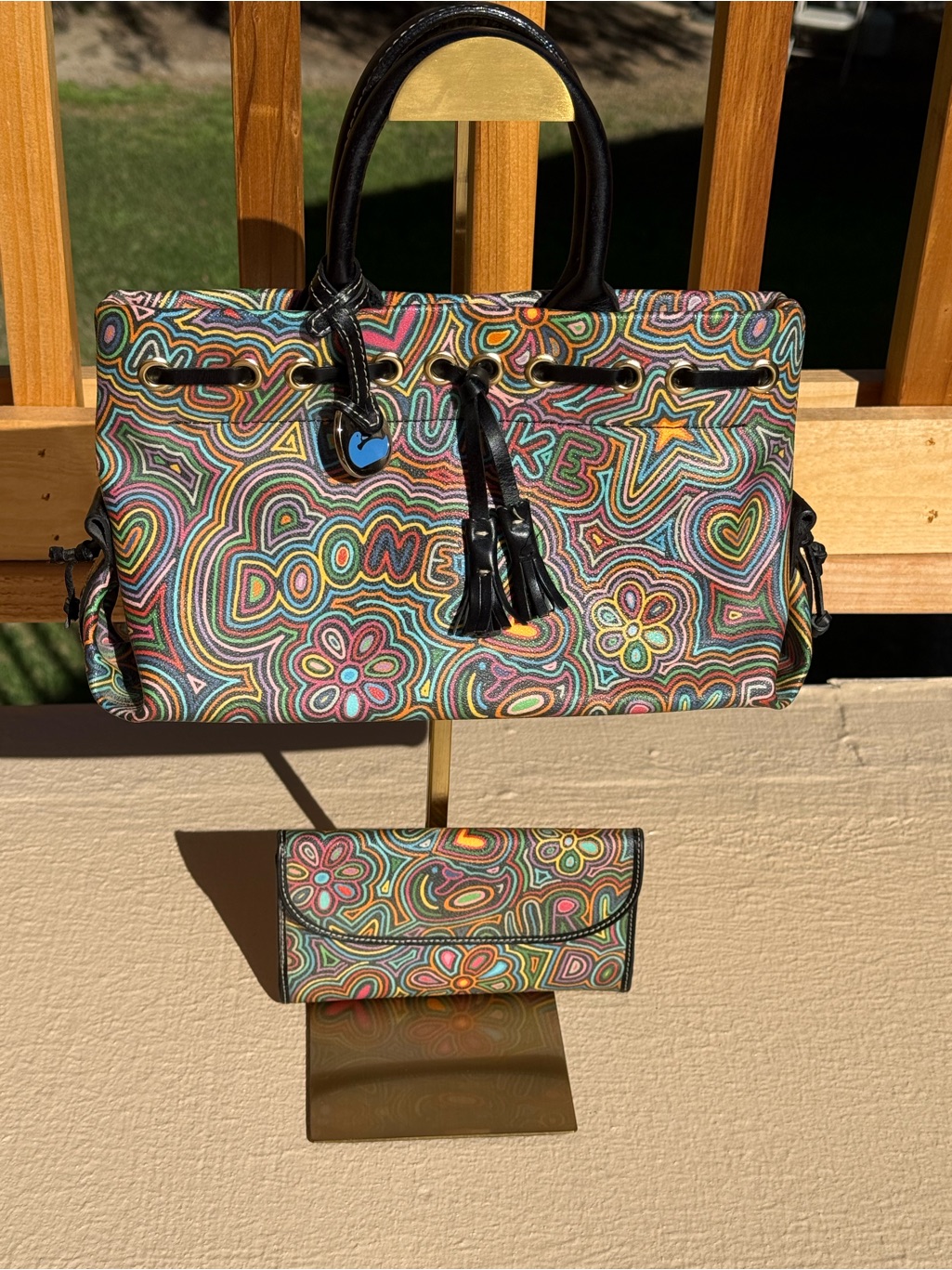 Rare Vintage Dooney & Bourke Rainbow Graffiti Doodle Bag & Wallet Bundle
